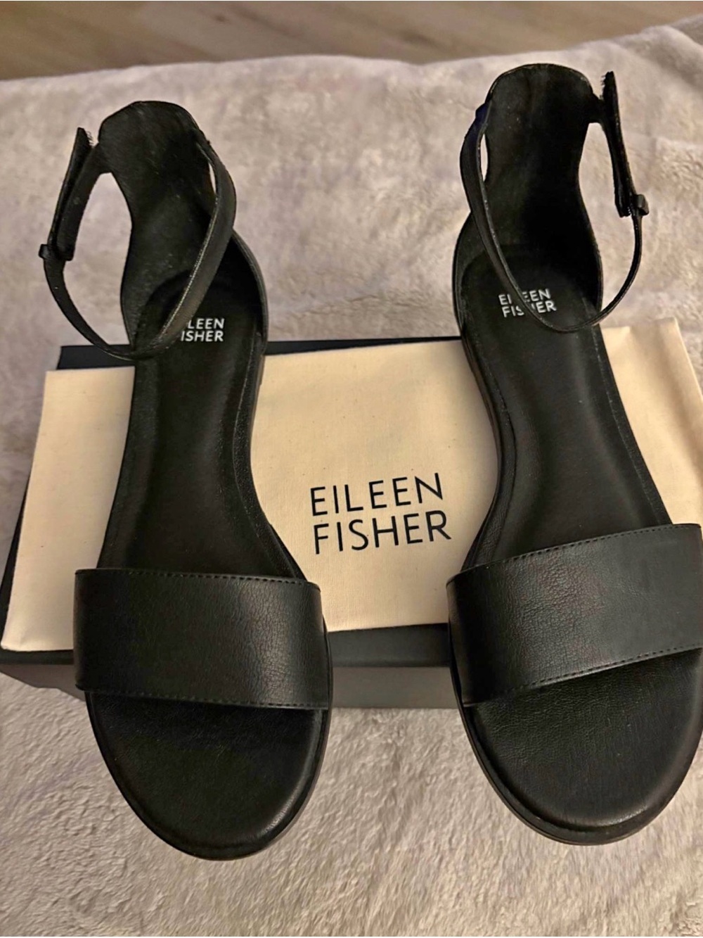 Eileen Fisher Black Leather Minimalist Ankle-Strap Sandals